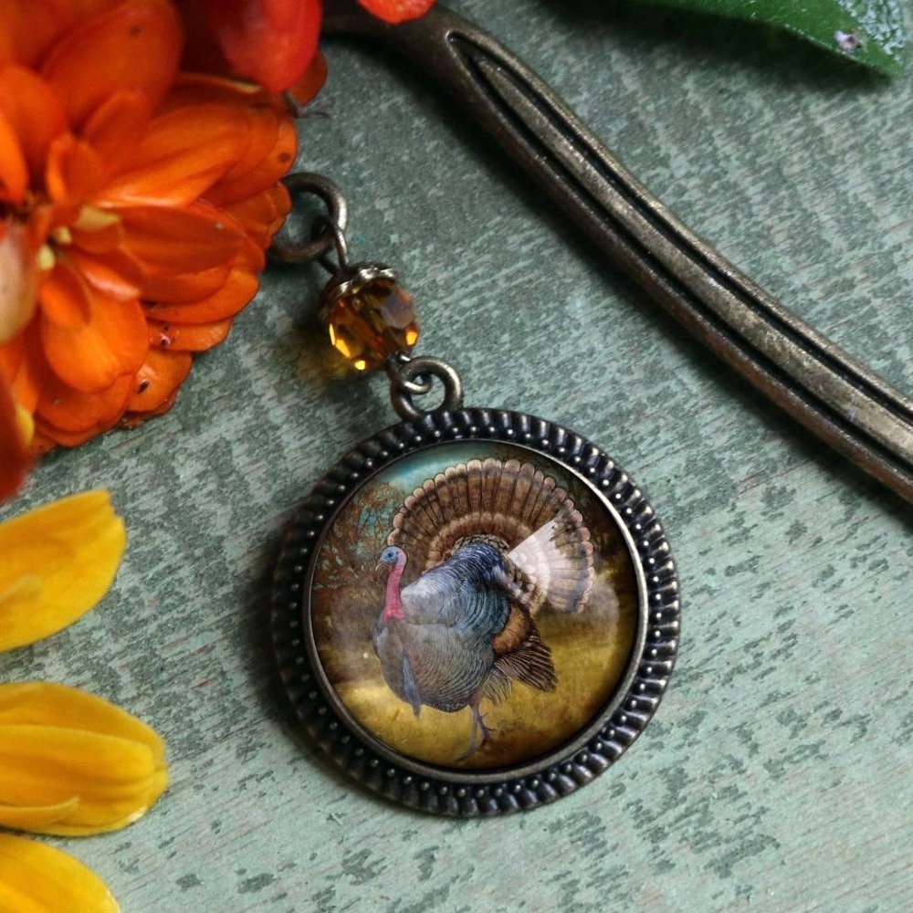 Traditional Thanksgiving Turkey Bookmark - Fall - Bronze and Glass‎ Cabochon
